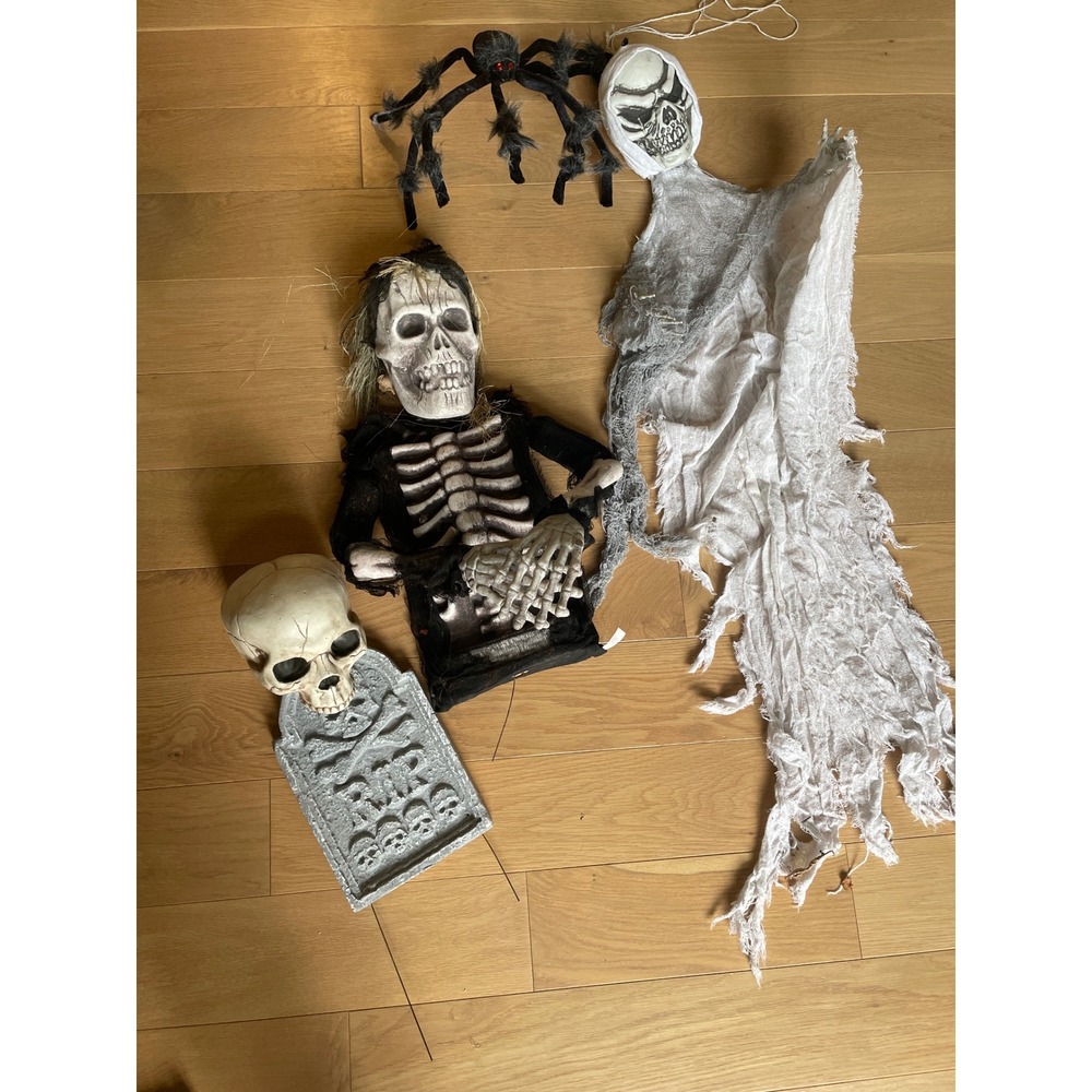 Halloween Decor Bundle Skull RIP Tombstone Hairy Spider Hanging Ghost Skeleton